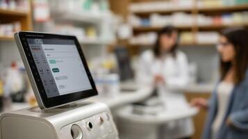 Closeup of the robots touchscreen interface displaying voice command options with a pharmacist in the background demonstrating a collaborative environment between human and machin photo