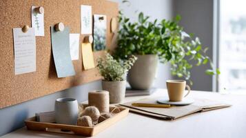A workspace featuring a corkboard adorned with reminders for sustainable practices a plant for air purification and recycled paper products showcasing an ecoconscious office setup photo