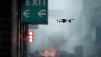 The silhouette of a drone against a backdrop of smoke and chaos featuring an LED panel that projects emergency exit arrows enhancing visibility for evacuees photo