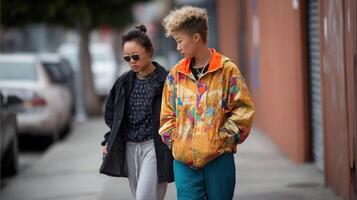 A street corner scene where diverse fashion styles collide one person wears a vibrant vintage windbreaker another opts for a minimalist monochrome ensemble showcasing the eclectic mi photo