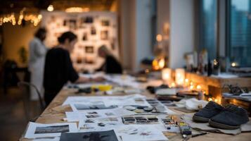 As the sun sets the atmosphere in the studio transforms. Warm lights illuminate scattered sketches and vibrant swatches. Collaborative spirits abound as shoemakers gather around exchangin photo