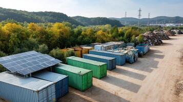 A landscape view of a modern waste management facility showcasing large containers for different types of waste and solar panels harnessing renewable energy photo