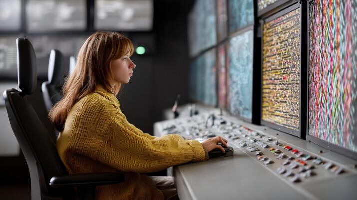 An operator seated at a control panel intently monitoring a complex array of digital displays where the watermark encoding process is visualized in vibrant colors on the main monitor