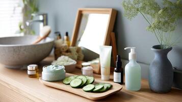 A home spa corner with a facial mask application station complete with a mirror soothing cucumber slices and an assortment of skincare products laid out neatly photo