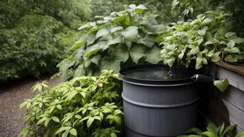 A closeup view of a rainwater harvesting system with a large barrel collecting rainwater from a gutter surrounded by green foliage and thriving plants photo