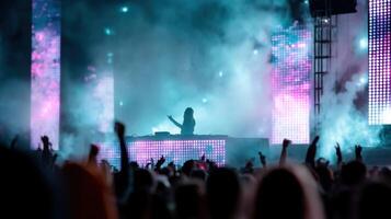 A DJ mixing tracks at a festival surrounded by pulsating LED screens and a crowd jumping in sync with the beat all illuminated by vibrant dynamic colors photo