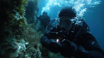 In a secluded cove a team dives into clear azure waters. They explore the submerged infrastructure inspecting valves and connections. Colorful corals cling to stable foundations amids photo