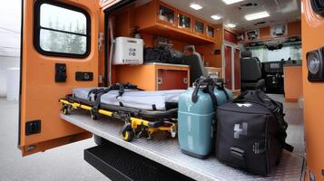 A compact mobile emergency response unit equipped with diagnostic tools oxygen tanks and a foldout stretcher ready for quick deployment in critical situations photo
