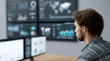 A futuristic control center with multiple screens displaying analytics and insights from different edge devices emphasizing the central role of AI in managing distributed resource photo