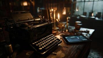 An antique workbench cluttered with resurrected inventions like a mechanical typewriter integrated with a modern touchscreen showcasing a blend of nostalgic design and contemporar photo