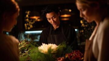 A serene environment with an AGI craft tutor showcasing holograms of floral arrangements illustrating each layer of placement and color harmony while the student attentively follow photo