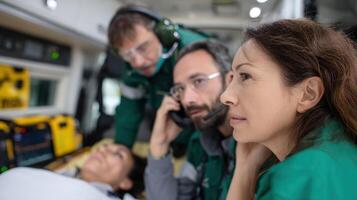 A paramedic team working on a patient lying on a stretcher in an ambulance using medical equipment and communicating swiftly photo