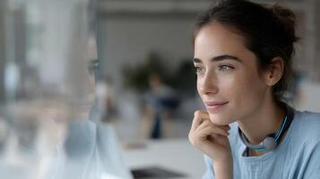 A side view of a user in a bright workspace interacting with a responsive voice assistant whose facial features and vocal tones dynamically align with the users emotions forging a visibl photo