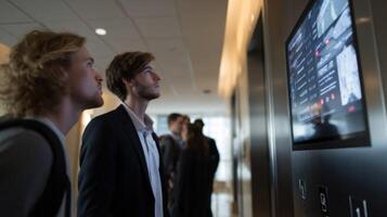 Inside a highrise passengers observe an interactive screen indicating estimated arrival times for their selected elevators while an advanced AI system optimizes routes based on realtim photo