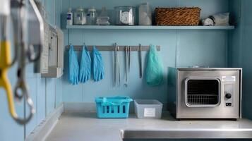 An area designated for sterilization featuring an autoclave and various sterilization tools highlighting the importance of maintaining a contaminationfree environment in research photo