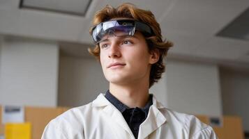 A student in a science lab wearing smart glasses that visualize molecular structures and provide stepbystep experimentation guidance merging theoretical knowledge with practical photo