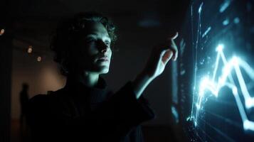 A person interacts with a floating interface where visual data graphs project the probability of various alternate histories illustrating the interconnectedness of decisions and thei photo