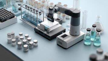 A side perspective shows the lab robot in the middle of a multistep pipetting protocol surrounded by an organized array of glassware and reagents illustrating its role in streamlinin photo