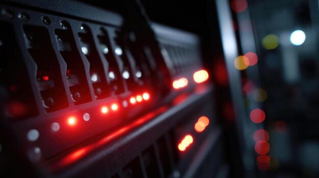 A closeup view of a server rack with glowing LED indicators showcasing a network of sensors that feed realtime temperature data into a reinforcement learning algorithm optimizing liqui photo