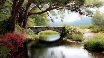 A quaint stone bridge arching over a gentle river lined with vibrant flowers and flanked by ancient trees embodying tranquility and harmony with nature photo