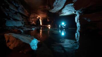 A dimly lit cave passage filled with geological formations where the autonomous crawler is partially submerged in water actively scanning under the surface using specialized LIDAR photo