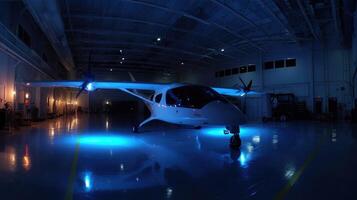 A panoramic shot of an eVTOL pit where an AGI system analyzes flight schedules and passenger profiles modifying cabin lighting intensity and color based on scientific research on jetla photo