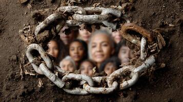 A symbolic image of a broken chain lying on the ground signifying freedom and the dismantling of systemic oppression framed by a backdrop of hopeful faces photo