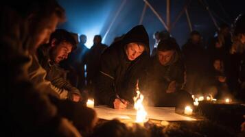 Underneath a vast starlit sky a gathering of thinkers exchange passionate conversations around a crackling fire. Flickering flames illuminate their faces while sketches of models an photo