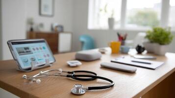 An array of medical devices and digital tools p on a modern desk including a tablet displaying a virtual health app a stethoscope and a digital thermometer photo