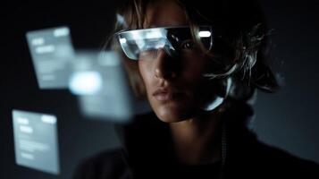 A futuristic scene showing a person wearing augmented reality glasses surrounded by floating icons displaying retrieved notes that seamlessly integrate with their field of vision a photo