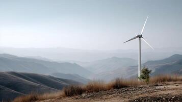 A tall wind turbine standing majestically on a hilltop its blades slowly rotating in the gentle breeze symbolizing the power of wind energy generation photo