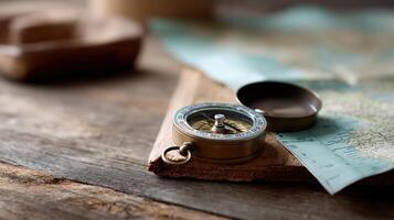 A closeup of a vintage compass resting on a weathered map symbolizing the spirit of adventure and the excitement of unknown journeys ahead photo