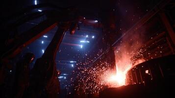 A dynamic scene of the foundry with sparks flying as a robotic welder assembles components from smelted nickeliron demonstrating the integration of AGI in fabricating advanced structure photo