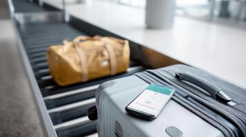 A detailed view of the smart luggages connectivity features including a smartphone app screen indicating the suitcases location while it rests on an airport baggage belt photo