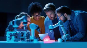 A diverse team of engineers interacting with a cobot programming it via a tablet while surrounded by partially assembled consumer electronics showcasing teamwork and innovation photo