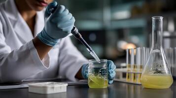 A researcher in a white lab coat using a pipette to transfer a glowing liquid into a flask of yeast symbolizing the experimental processes involved in crafting rare flavors throug photo