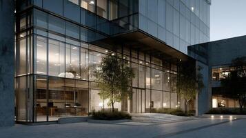 An architectural rendering highlighting a smart buildings facade where the smart windows are in various shades of translucent darkness illustrating how they adapt their tint to th photo