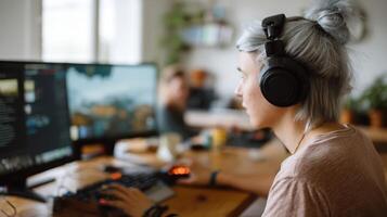 Focused female game developer working on a computer in a modern office photo