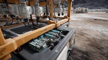A closeup view of the mining rigs complex machinery featuring sensors and AIoperated control panels actively monitoring extraction rates and environmental conditions on the barren luna photo