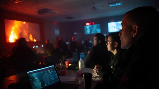 A multiagency training session taking place in a darkened room illuminated by the glow of simulation screens showing responders equipped with tools and devices for crisis management photo
