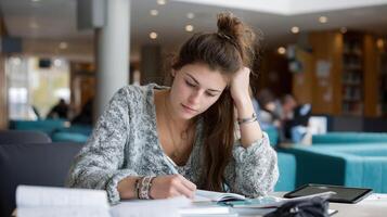 A student studying in a library taking notes on a tablet while using a digital textbook representing the shift towards mobile learning environments photo