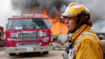 Firefighter coordinating firefighting operations at structure fire photo