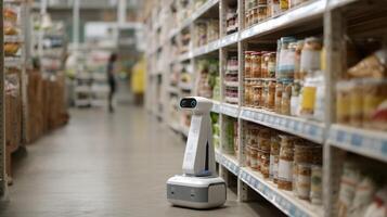 An AIpowered robot utilizes advanced deep learning algorithms to assess inventory levels on a shelf highlighting discrepancies in realtime and triggering alerts for store associates photo