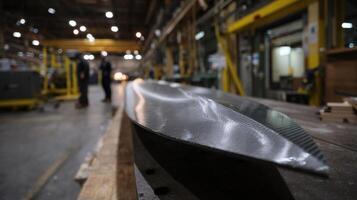 A side profile of a windturbine blade in the final stages of fabrication with carbonfiber strands visibly adhered to its surface demonstrating the lightweight yet strong qualities photo