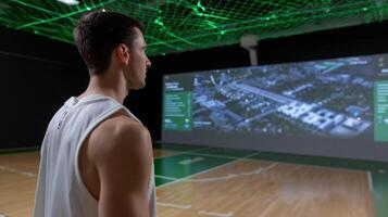 A player immersed in a competitive match against a lifelike AGI opponent with dynamic projections of skill advancement metrics and predictive analytics surrounding the court enhancin photo