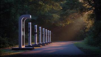 Sunlight filters through the trees illuminating tingedge exercise stations designed with smart technology that communicates with an interactive kiosk optimizing each workout based o photo