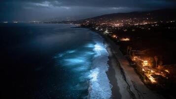 An aerial view of a coastal area showcasing energyefficient lights transitioning to lower brightness creating dark zones for migrating sea turtles on the beach allowing them to navigat photo
