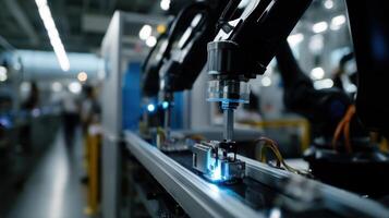 A closeup view of a microfactory filled with robotic arms and sensors highlighting the seamless integration of edge computing technology for realtime processing photo