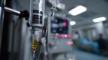 An infusion pump connected to an IV line with clear labeling of automatic titration features highlighting the precision in dosage administration during a chemotherapy session photo
