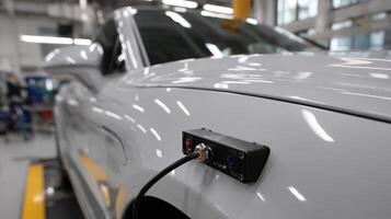 A detailed shot of the adaptive spray system on a robotic painter highlighting sensors and technology as it detects imperfections on the cars surface and compensates during the paintin photo